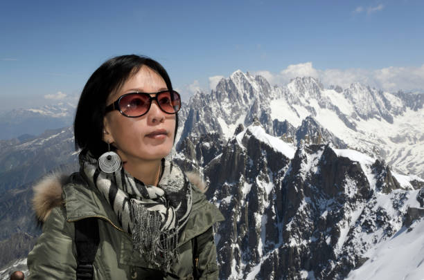 Portrait of Asian woman in Mont Blanc mountains at Chamonix, France.