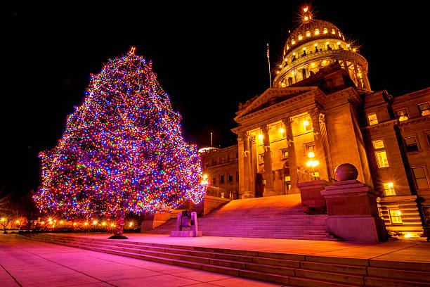 capitólio do estado de idaho e árvore de natal - idaho state capitol imagens e fotografias de stock