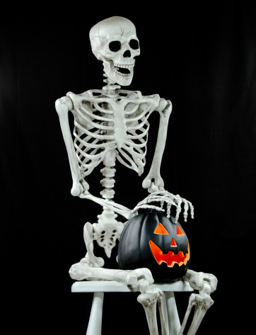 A human replica skeleton  on a black background. Sitting on a stoll with a lighted jack-o-lantern.