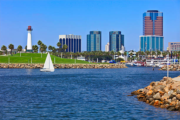 rainbow harbor in long beach, ca, tel. - long beach california lighthouse los angeles county stock-fotos und bilder