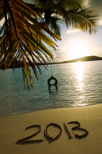 Golden 2013 message on tropical beach with tire swing hanging from palm tree