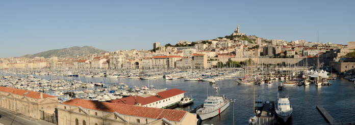 Marseille harbor in panoramic view, France, Europe.