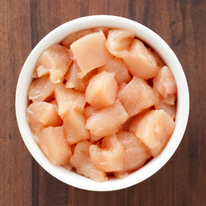 Top view of white bowl full of diced chicken meat