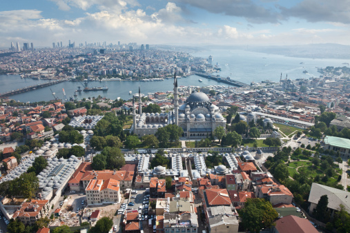 Istanbul, Turkey - November 22, 2021: City buildings in the center of Istanbul. View from the bay.
