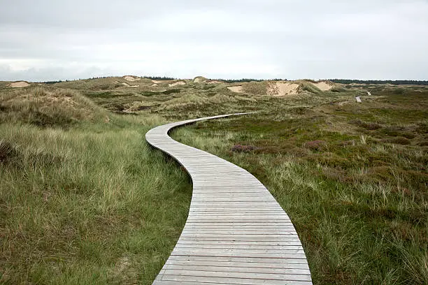 wooden walking path on cloudy sky
