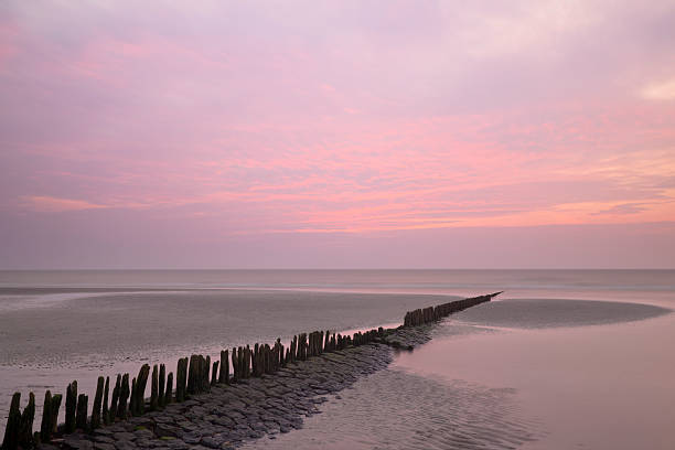 A row of poles leading into the North Sea in Norderney, Germany. Long exposure shot.
