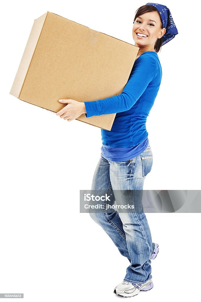 Joven mujer realizando grandes moviendo caja de cartón - Foto de stock de Caja libre de derechos