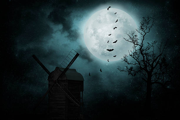 old mill com bats - cemetery halloween moon spooky imagens e fotografias de stock