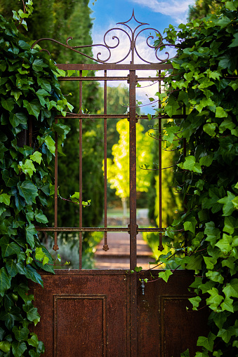 black wrought iron fence with gate and brick wall