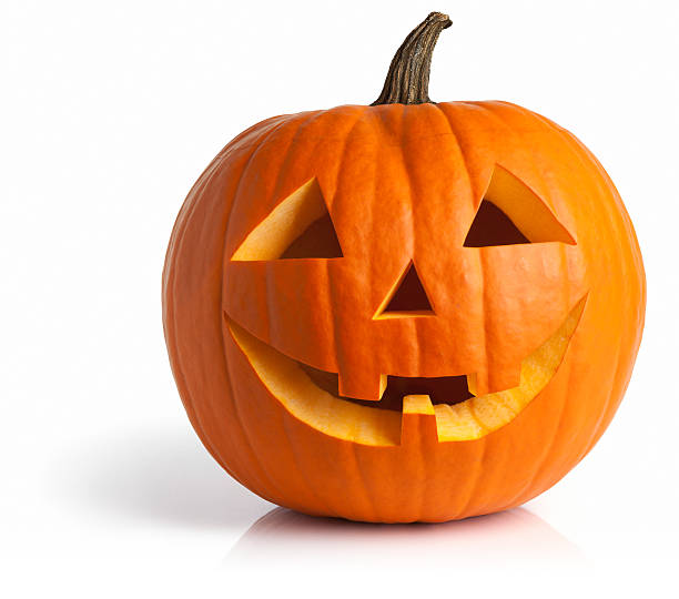 Freshly Carved Jack-o-Lantern Pumpkin Isolated on White Jack-o-lantern isolated with shadow and reflection. Clipping path provided. pumpkin photos stock pictures, royalty-free photos & images