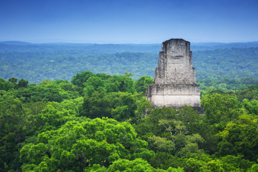 View of one of the various temples on the archeological site of Tikal and the jungle from  a top of a of the structures allowed to the public to climb.
