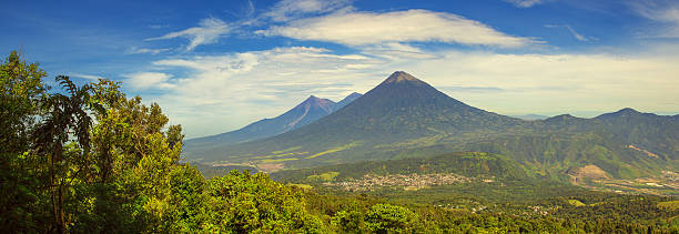 Drying coffee beans in the sun at a coffee plantation with a great view of the volcano Agua - Antigua, Guatemala, Central America