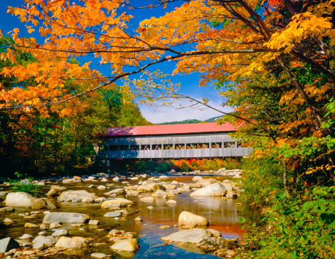 red roofed covered bridge, stream, autumn, Hew Hampshire