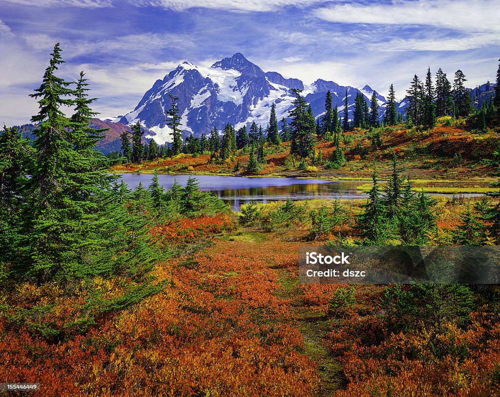 Berg Mount Shuksan, Picture Lake Washington, brillante-orange Herbst Farben - Lizenzfrei Herbst Stock-Foto