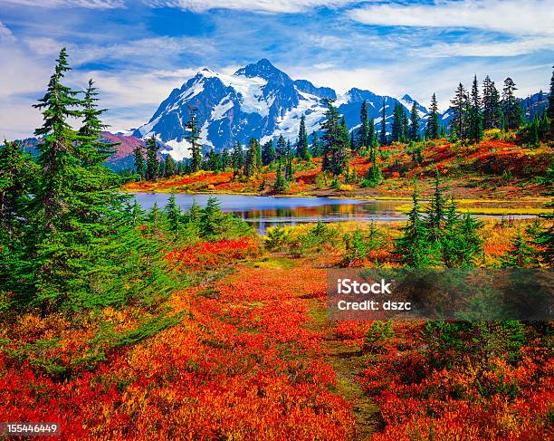 Montanha Shuksan Lago Picture Washington Tapete Laranja Outono Cores Brilhantes - Fotografias de stock e mais imagens de Outono