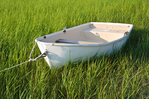 A little rowboat, stranded by a low tide, seems to be floating in a sea of beach grass revealed by the receding tide.