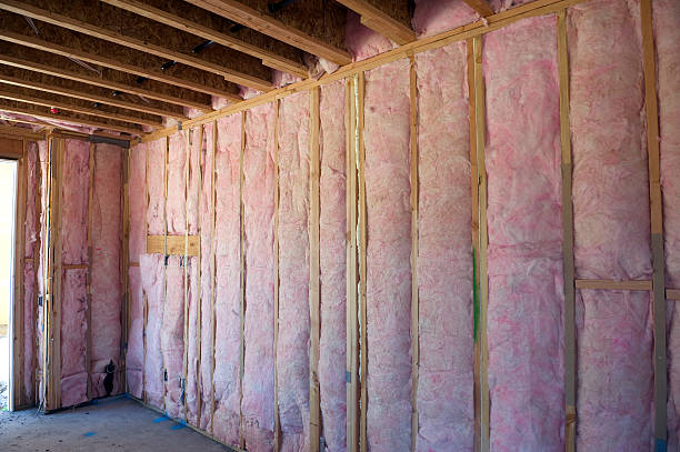 Wall with pink fiberglass insulation.