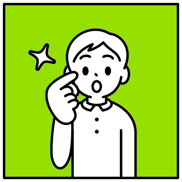 Vector illustration of A boy points his index finger to his eye, looking at the viewer, minimalist style, black and white outline