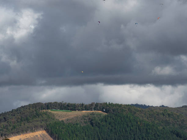Hang glider for riding tourists in the field. Two-seater hang glider flying in the sky. High quality photo