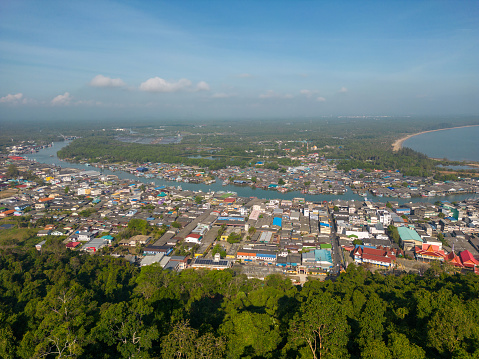 Chumphon, Thailand - February 10, 2023: Drone aerial point of view of Tha Taphap River from Khao Matsee mountain viewpoint in Pak Nam, Chumphon, Thailand.
