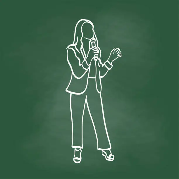 Vector illustration of Passionate Woman Speaking At Conference Chalkboard