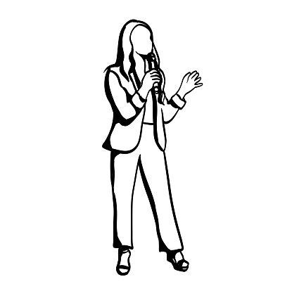 Young woman speaker standing up to do a presentation.  Full length image in illustration format.