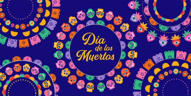 illustrazioni stock, clip art, cartoni animati e icone di tendenza di dia de los muertos, giorno dei morti astratto sfondo messicano con cerchi di ghirlande, decorazioni di carta e fiori - day of the dead skull tattoo mexico