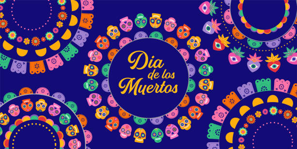 dia de los muertos, 화환, 종이 장식 및 꽃의 원이 있는 죽은 추상적인 멕시코 배경의 날 - day of the dead skull tattoo mexico stock illustrations