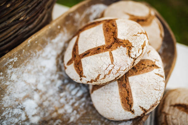 Homemade rustic breads made from spelt. Healthy bread close up photo. Wholegrain breads