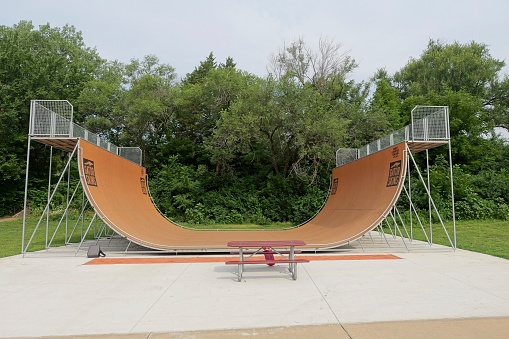 Lawrence, Kansas - July 17, 2023: Centennial Skate Park on Rockledge Road in Lawrence, KS