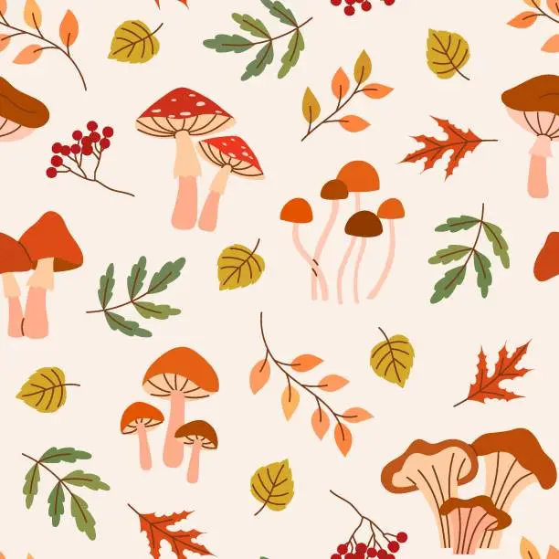 Vector illustration of Autumn seamless pattern with mushrooms and leaves.