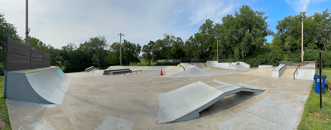 Lawrence, Kansas - July 17, 2023: Centennial Skate Park on Rockledge Road in Lawrence, KS