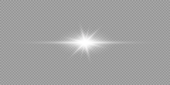 Light effect of lens flares. White horizontal glowing light starburst effect with sparkles on a grey transparent background. Vector illustration
