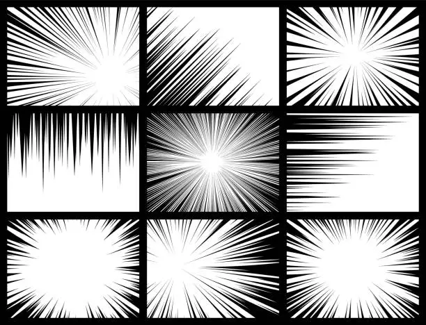 Vector illustration of Comic book radial rays, lines. Comics background with motion, speed lines. Pop art style elements. Vector illustration