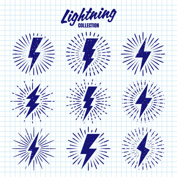 Set of vintage hand drawn lightning bolts and sun rays on checkered paper sheet. Lightnings with sunburst effect. Thunderbolt, electric shock sign. Vector illustration.