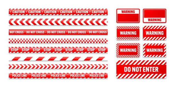 Vector illustration of Various barricade construction tapes and warning shields. Red police warning line, brightly colored danger or hazard stripe, ribbon. Restricted area, zone. Attention symbol. Vector illustration