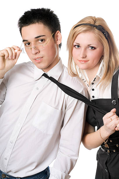 istock Portrait of smiling playful student pair. Isolated 155454878