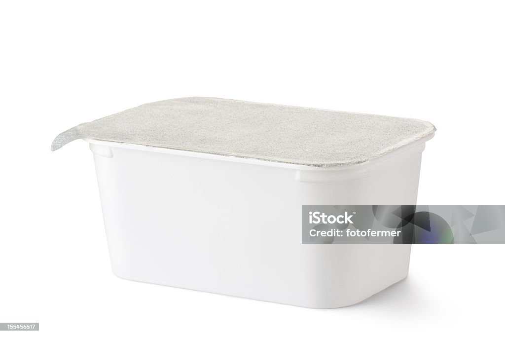 Plastic rectangular container with foil lid Plastic rectangular container with foil lid. Isolated on a white. Margarine Stock Photo