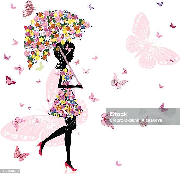 Цветок Девушка С Зонтиком — стоковая векторная графика и другие изображения на тему Влажный - Влажный, Дождь, Погода