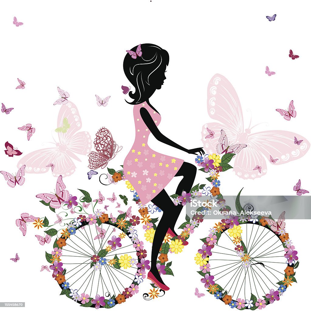 Девушка на велосипеде с романтическим бабочки - Векторная графика Цветок роялти-фри