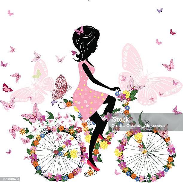 Girl On A Bicycle With Romantic Butterflies Stock Illustration - Download Image Now - Flower, Cycling, Women