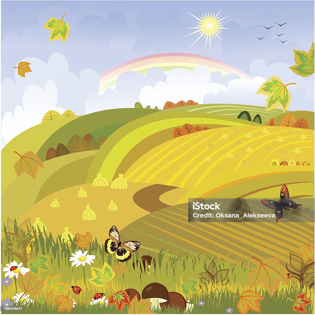 Грибы на фоне Осенний пейзаж сельского просторы - Векторная графика Абстрактный роялти-фри