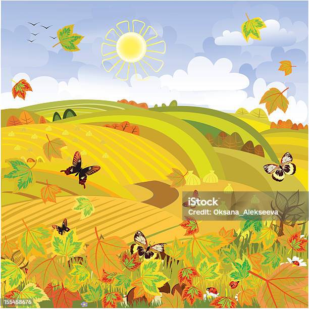 Осенний Пейзаж Сельского Просторы — стоковая векторная графика и другие изображения на тему Абстрактный - Абстрактный, Бабочка, Векторная графика