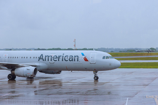 26 April Charlotte Airport NC USA American Airlines aircraft has been pushed back to runway in preparation for flight