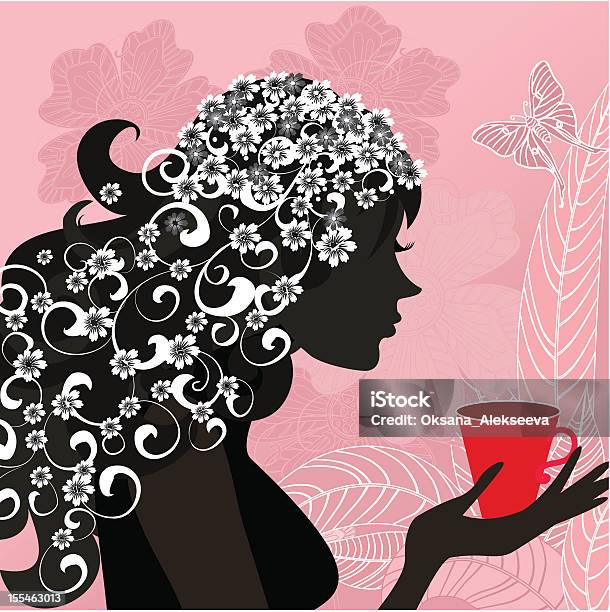 Девушка С Чай — стоковая векторная графика и другие изображения на тему Абстрактный - Абстрактный, Бабочка, В профиль