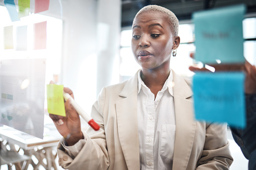 Black woman, sticky note and schedule planning for brainstorming, teamwork or tasks at the office. African female person or employee working on team strategy, ideas or business agenda at workplace