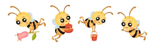 Vector illustration of Cute Striped Honey Bee Character with Yellow Body Vector Set