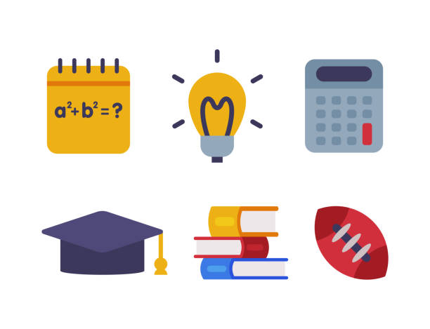 School Education Object with Graduation Hat, Lightbulb, Calculator, Books and Rugby Ball Vector Set School Education Object with Graduation Hat, Lightbulb, Calculator, Books and Rugby Ball Vector Set. Lesson or Subject Accessory for Learning Discipline Concept book dedication stock illustrations