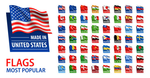 made in - 벡터 세트. 가장 인기있는 깃발과 텍스트가 만들어졌습니다. 흰색 백라운드에서 격리 - canadian flag flag national flag japan stock illustrations