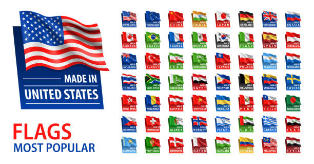 Made In - Vector Set. Most Popular Flags and Text Made In. Isolated on White Backround Made In United States, Germany, European Union, Canada, China, Japan, France, United Kingdom, Italy, India, Brazil, Mexico, South Korea, Spain, Australia, Turkey, Russia, Indonesia, Iran, Saudi Arabia, Taiwan, Poland, Argentina, Netherlands, Thailand, South Africa, Pakistan, Egypt, Philippines, Belgium, Venezuela, Sweden, Ukraine, Hong Kong, Romania, Austria, Vietnam, Peru, Chile, Bangladesh, Czech Republic, Switzerland, Algeria, Norway, Israel, United Arab Emirates, Greece, Iraq, Kazakhstan, Portugal, Denmark, Qatar, Hungary, Colombia, Malaysia, Syria blank flag stock illustrations